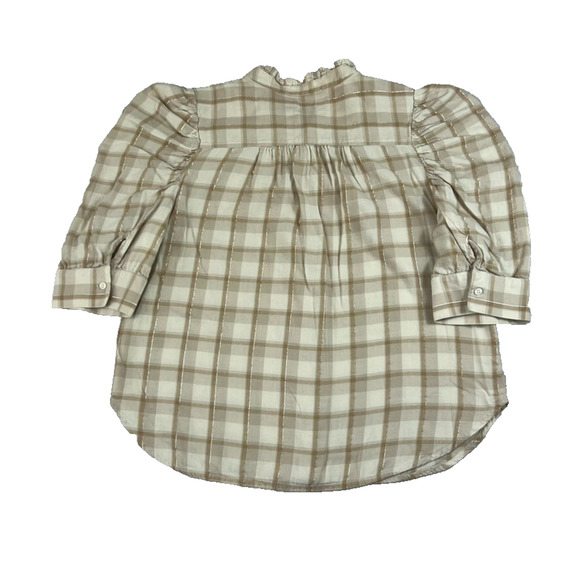 Gap Button Front Ruffle Top Women's Small Beige Plaid Half Sleeve Peasant - Picture 2 of 8